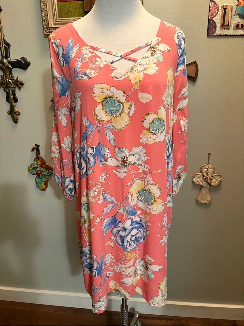 Unger Coral Floral Shift Dress with Crisscross Neckline and open sleeves.